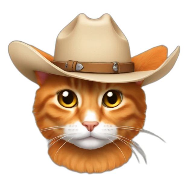 pure orange hairy japanese bobtail cat while wearing a brown cowboy hat with the cat ears poking out of the hat sticker