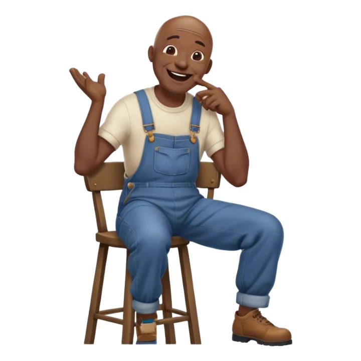 Side view Laughing telling story very Old bald black man sitting on stool wearing overalls no shirt sticker