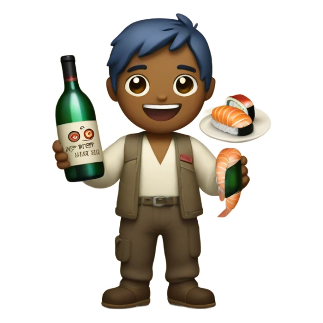 Stitch smiling while holding a sushi boat in a hand, and a wine bottle in the other one sticker