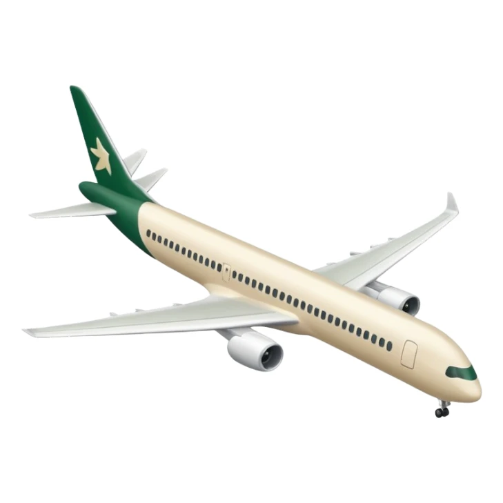 minimalist large passenger airplane, elongated fuselage, fully light beige (milky), only dark green (#173e12) accents, Apple emoji style, no text sticker