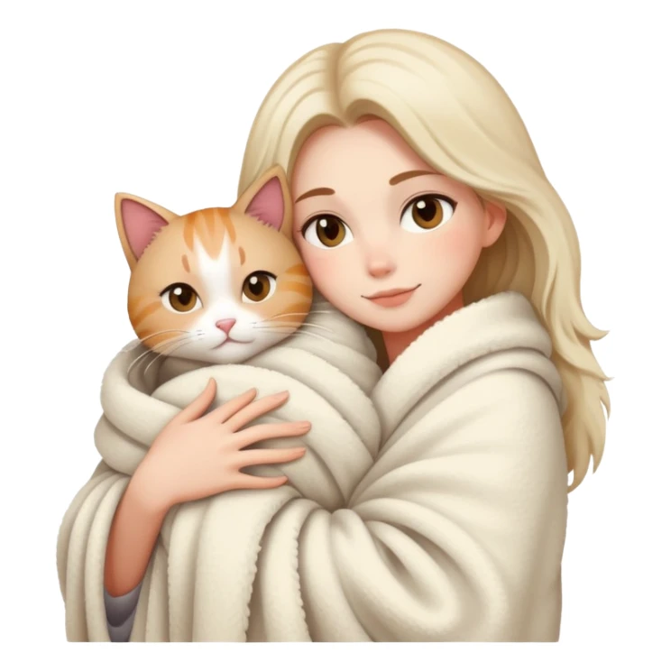 A beautiful woman wrapped in a blanket hugs a cat sticker