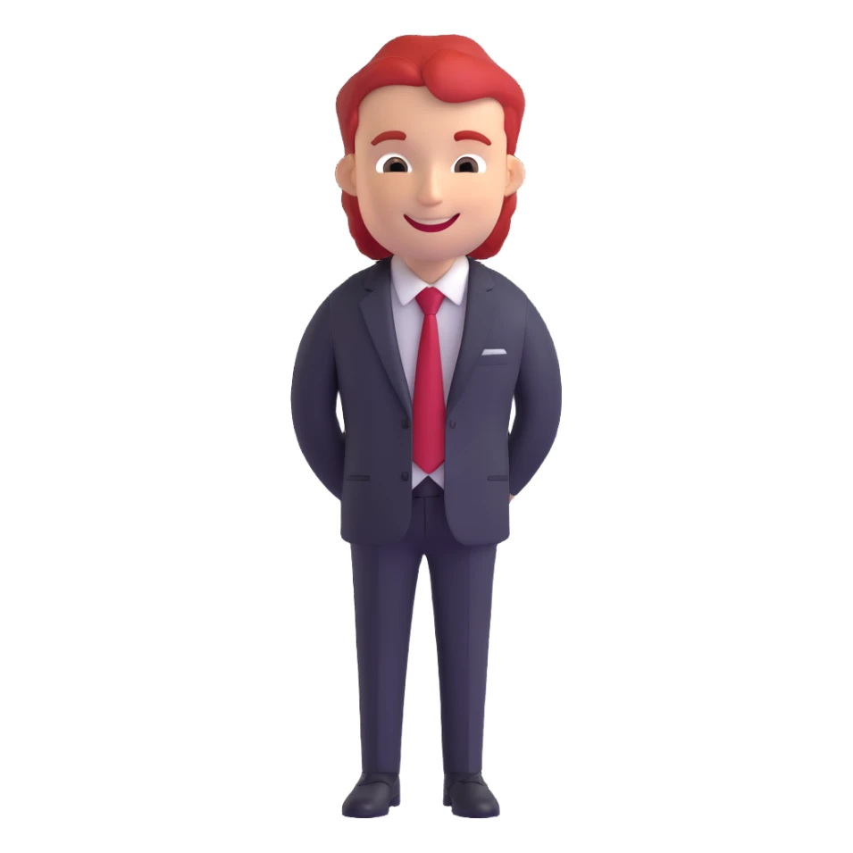 red-haired man in a black suit with a red tie, smiling sticker