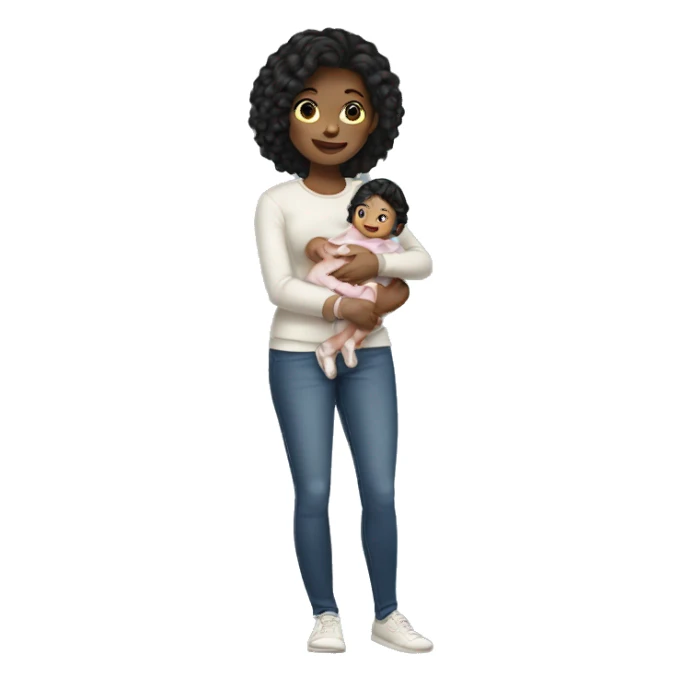 Black hair light skin girl holding baby sticker