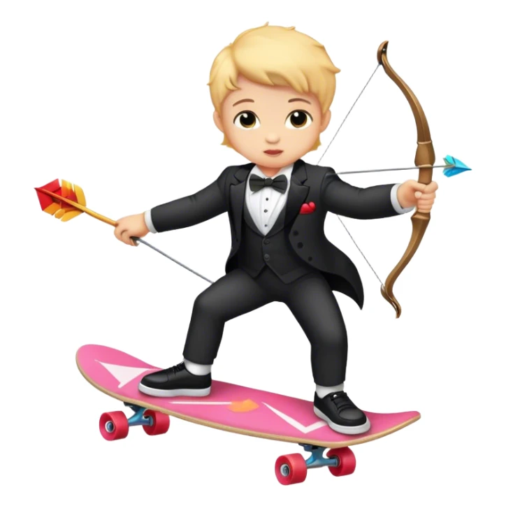 Cupid wearing a tuxedo, shooting a bow and arrow while riding on a skateboard sticker