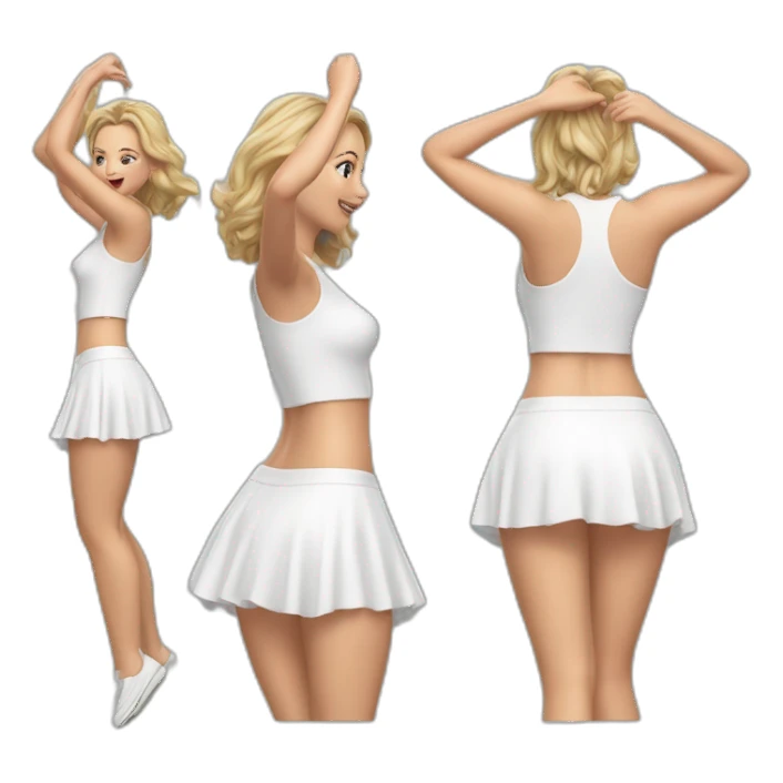 hyperrealistic-full-body-caucasian-curvy-beauty-jumping-small white-skirt-back-and-front-views-strong-wind-knickers white spcks sticker