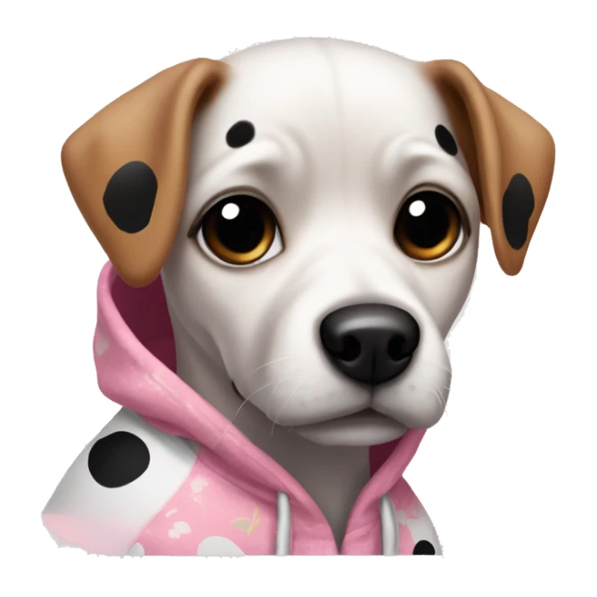  small dog with a white coat and black spots around its eyes. The dog has a small face with expressive, dark eyes and floppy ears, and it's wearing a pink hoodie with a floral pattern.  sticker