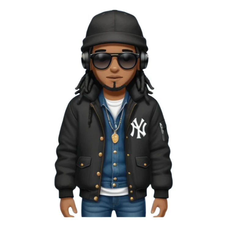African American man with shoulder length black dreadlocks and black sunglasses wearing a black New York Yankees baseball hat wearing a black bubble winter coat with denim skinny jeans and timberland boots wearing headphones sticker