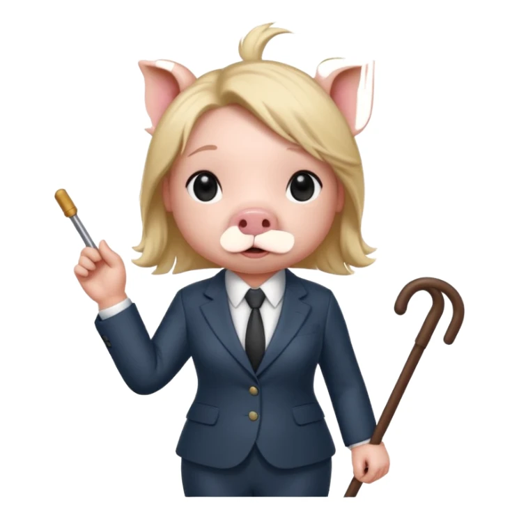 Female pig with hair wearing a suit and  a cane sticker