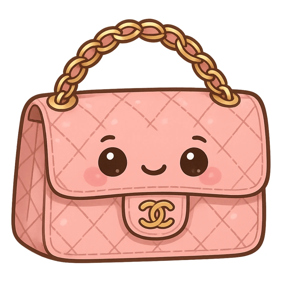 pink Chanel purse with a cute face, cute and exaggerated, chibi stickers style sticker