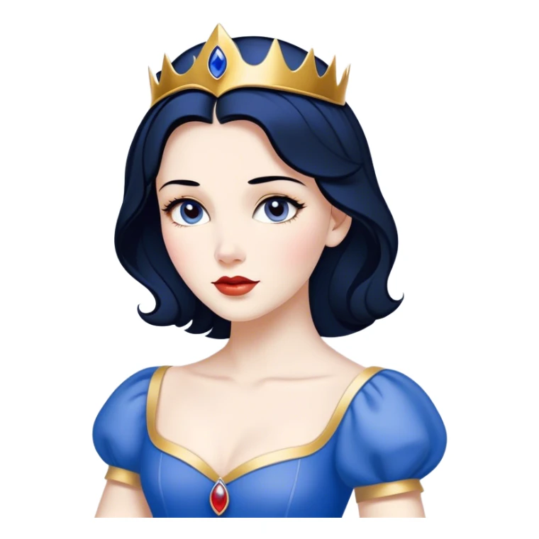 Cinematic Timeless Snow White Portrait Emoji, rendered in a clean, vector style. Depict Snow White with flawless porcelain skin, elegantly styled raven hair, and a serene, graceful expression, dressed in her classic blue and gold ensemble. The design features bold, simplified shapes, a soft, enchanting glow, and a subtle glowing outline, epitomizing pure, timeless beauty. sticker