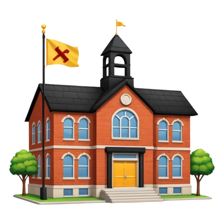 magic school, with a flag, flag on a roof, yellow flag, white school sticker