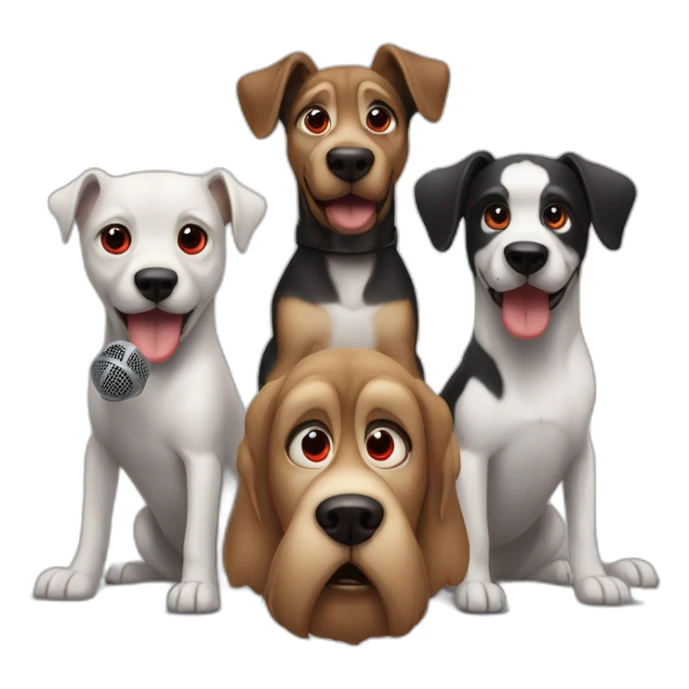 3 scary looking dogs with red eyes. In the middle is drake holding a microphone sticker