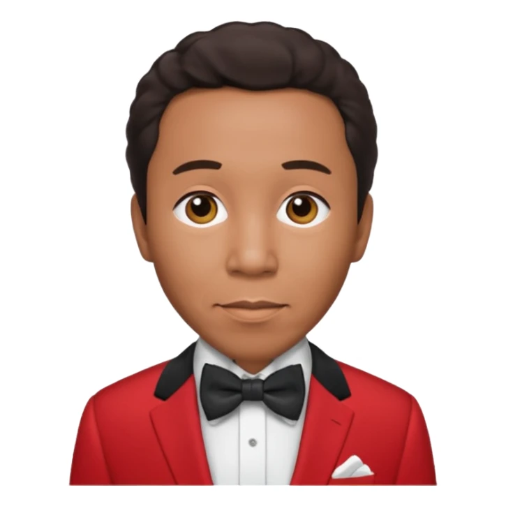 Smokey Robinson with dark brown hair, red suit with bow tie sticker