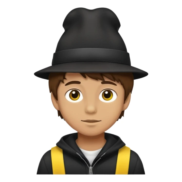 boy with fluffy brown hair wearing a black hat with yellow accents sticker