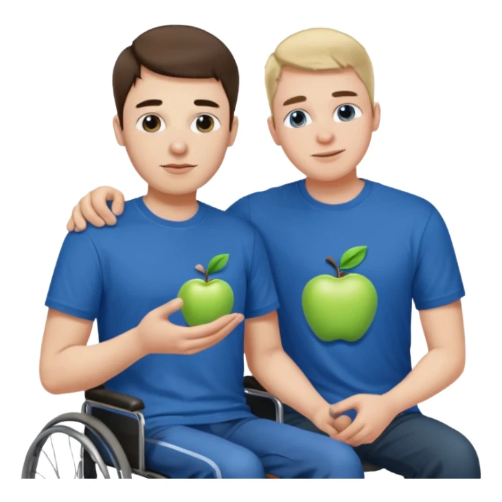 A guy in a blue Apple T-shirt, helping a disabled person who is ugly sticker