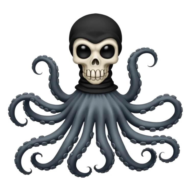 satanic octopus skeleton with scary evil eyes, wearing a black balaclava. 2 tentacles are each holding a skeleton bone sticker