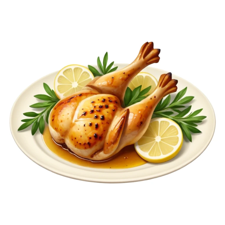 Draw a grilled chicken leg on a plate with herbs & lemon slices. sticker
