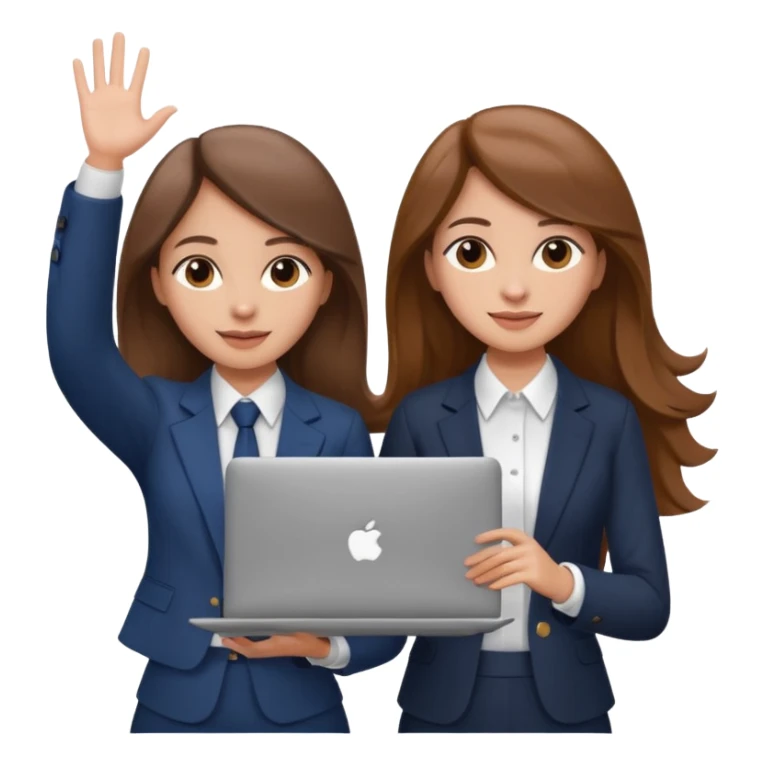 

two brown haired girls, looking professional maybe leaned on each others back and looking forward and waving with long hair and one girl can hold lap top another one can hold the phone, professional clothes, more stylish

 sticker