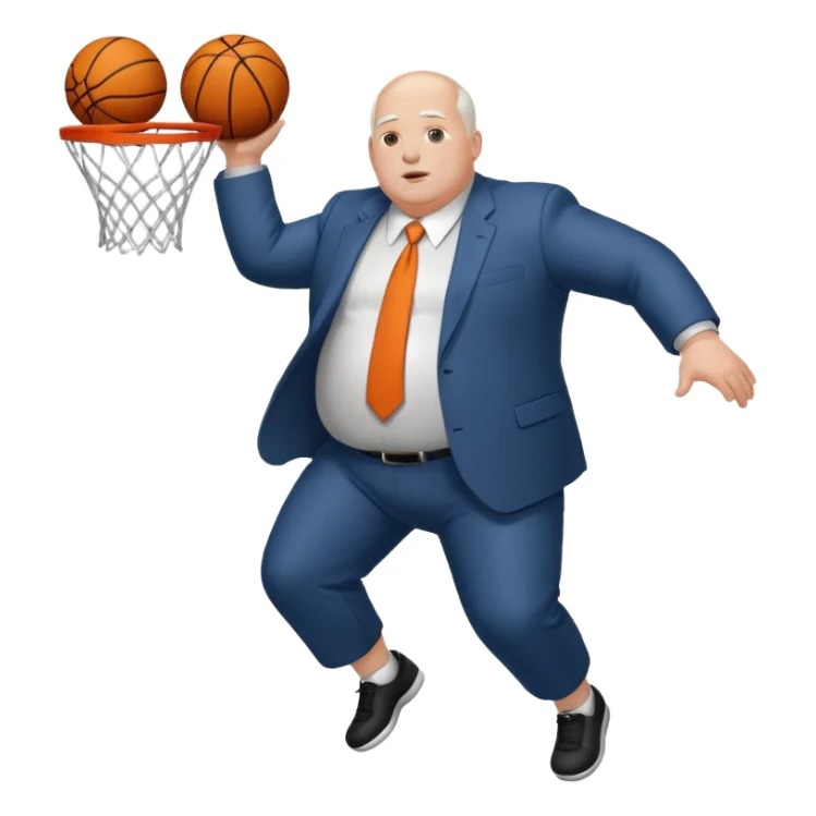 bald with white hair on side guy dunking basketball in suit but make him fat sticker