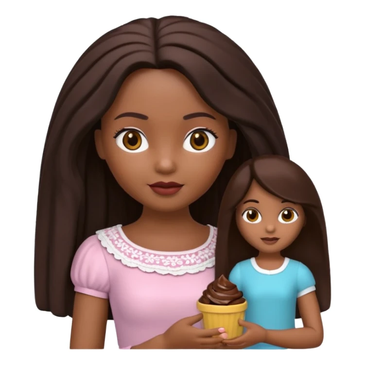 Boneca digital em estilo 3D realista e fofo, semelhante a uma boneca colecionável. Mulher jovem com pele negra, olhos castanhos escuros, cabelo liso cor chocolate, longo e bem alinhado.  sticker