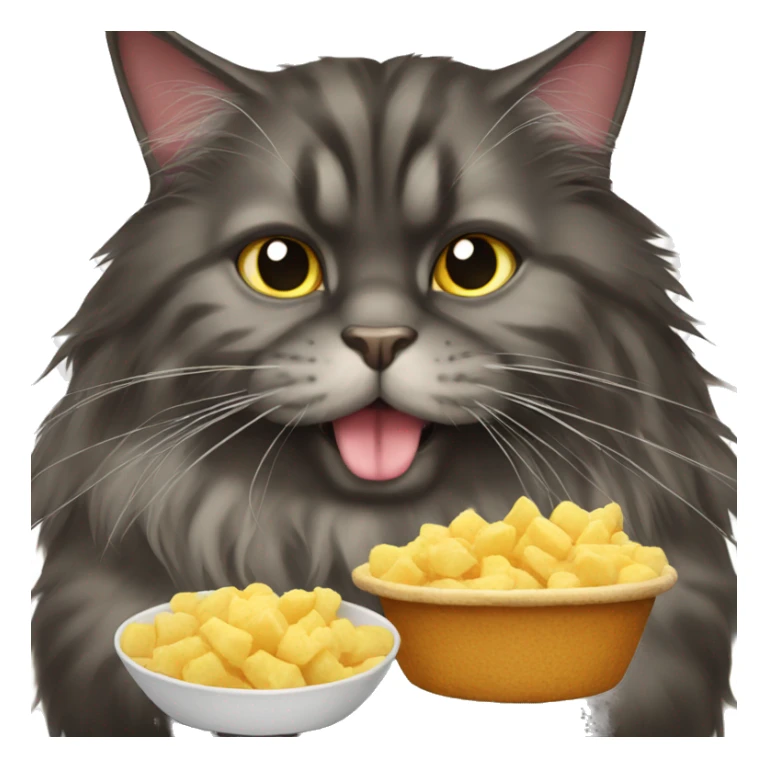 A fat dark Maine coon cat eating sticker