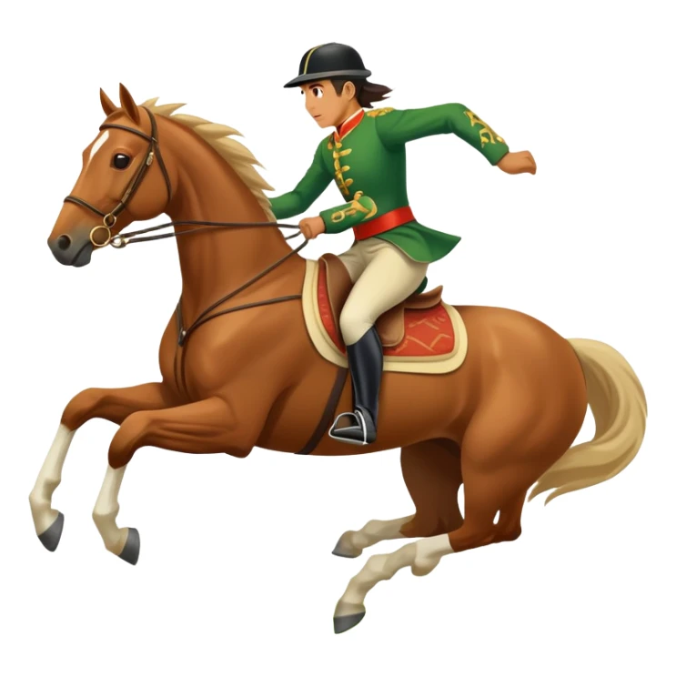 An icon showcasing a blue sky, distant mountains and a vibrant landscape. a majestic horse and rider in full gallop across a lush green field. The rider wears traditional gear, while the horse leaps with grace and power.  sticker