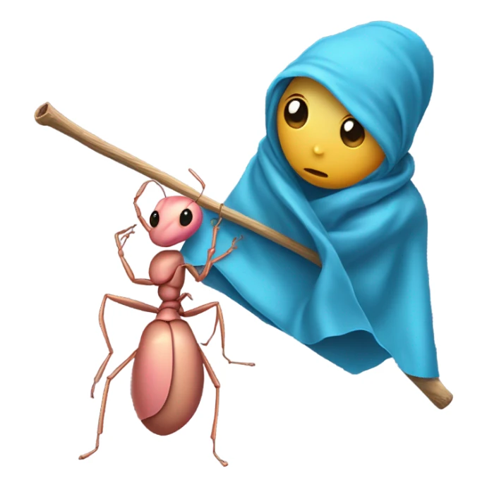 Sad looking Pink tan colored Ant carrying a cerulean cloth sack bag attached to a stick  sticker