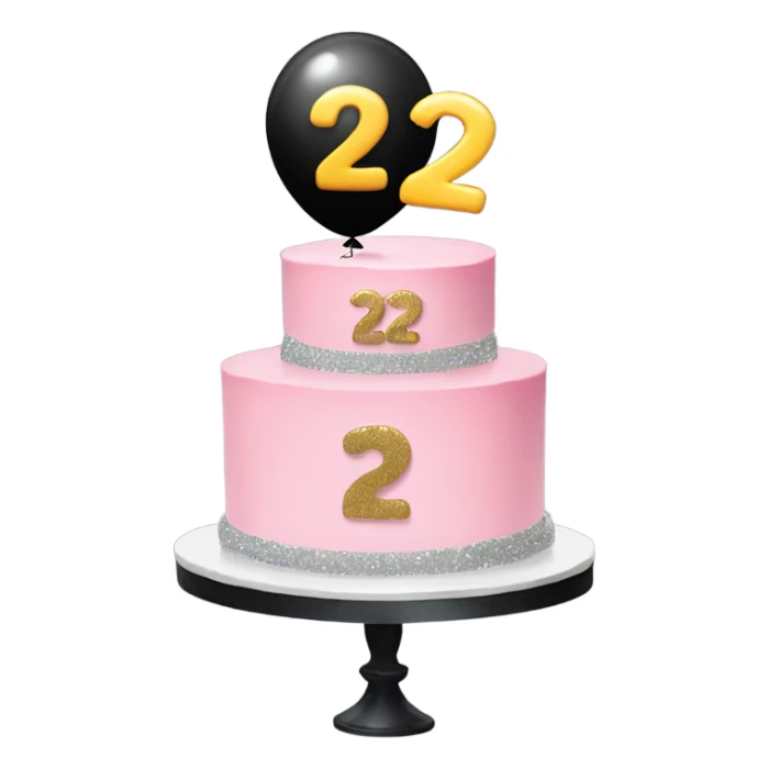 Black pastel with glitter, with the number 22 as a silver balloon and balloons behind the cake sticker