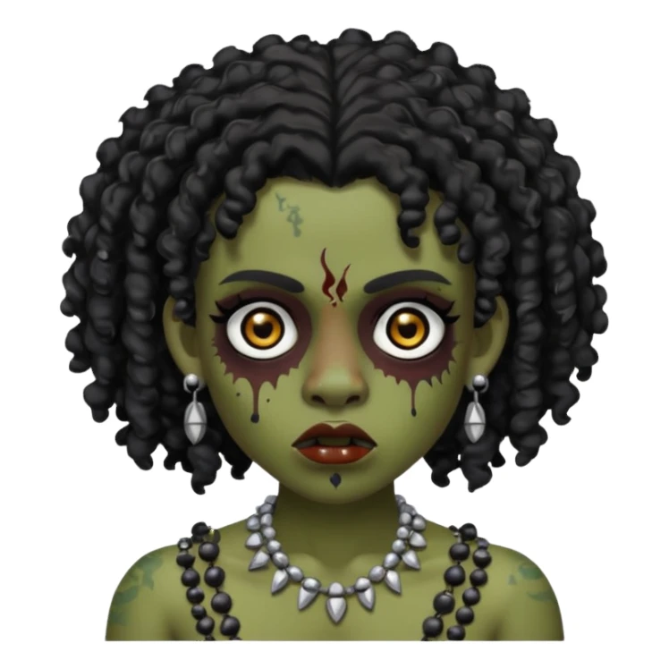 Zumbi with black and curly hair, studded earrings on both ears, black eye sticker