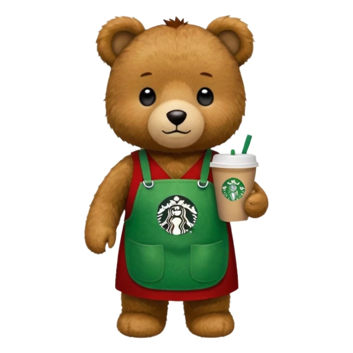 teddy bear wearing green apron with one cup of starbucks coffee sticker