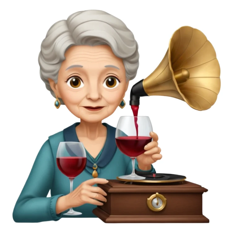 old lady with wineglass listening to gramophone sticker