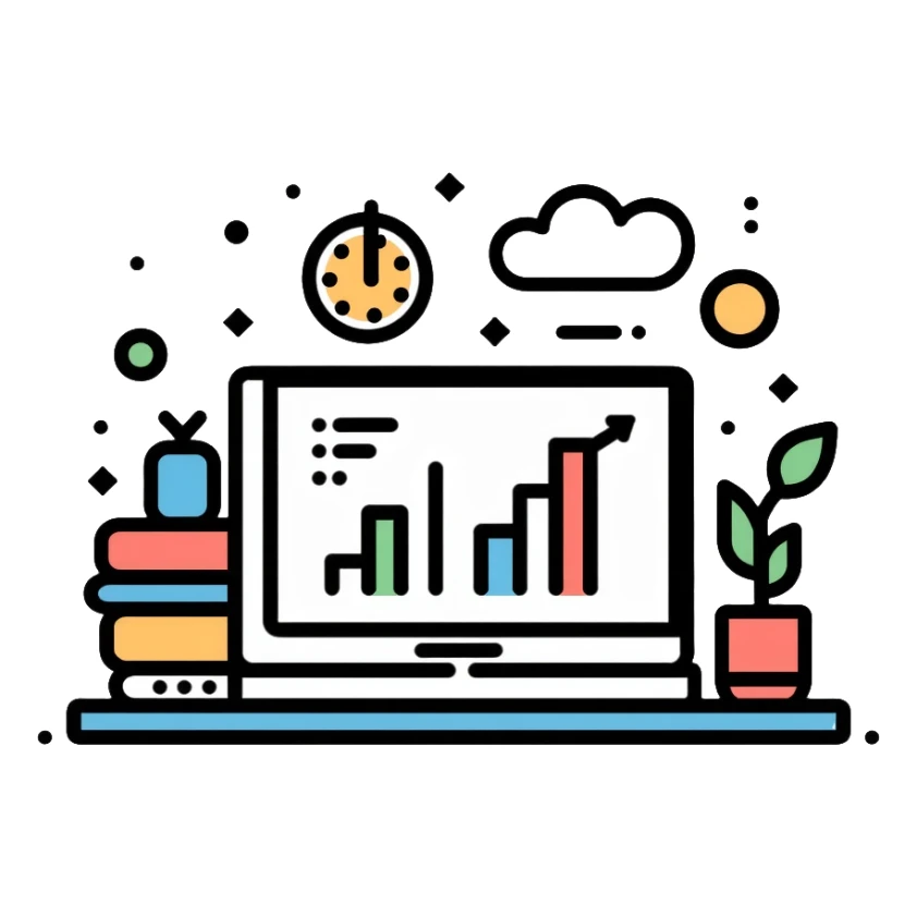 academic research with books, laptop and data charts sticker