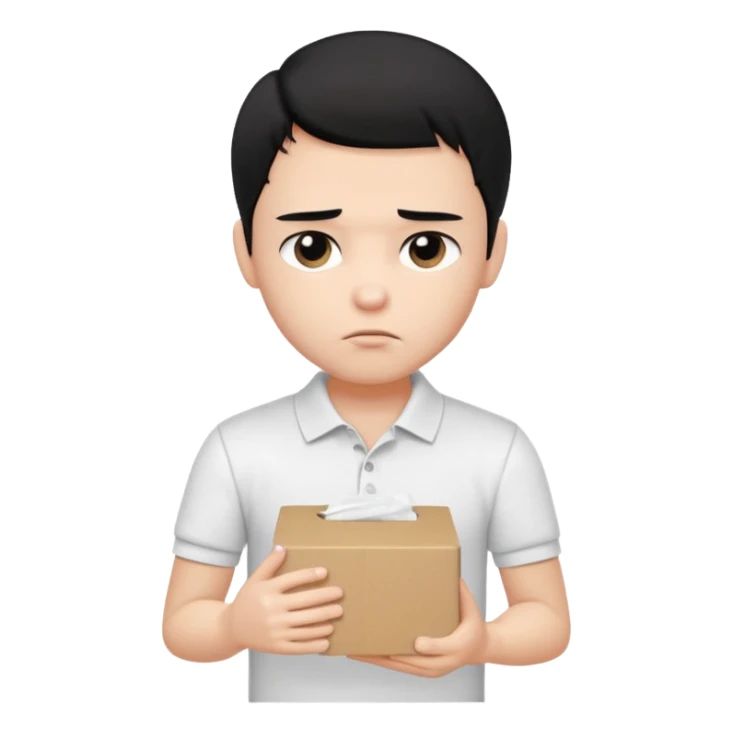 generate a pretty bratz boy with black hair, wearing a plain white polo shirt. Looking sad, holding a box of tissues in his right hand sticker