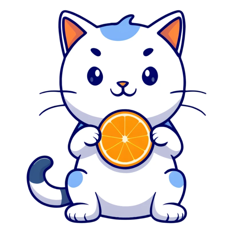 Cartoon orange cat eating an orange fruit that has a cat face on it sticker