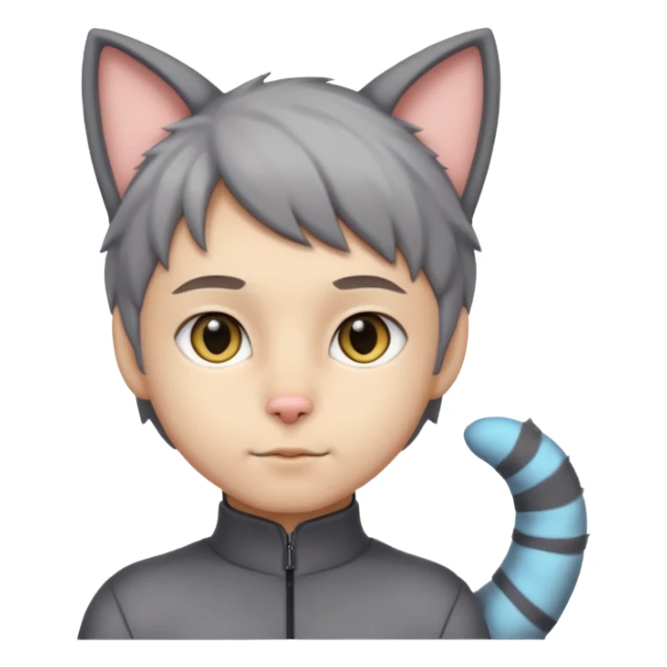 Boy in gray cat suit with tail and ears sticker