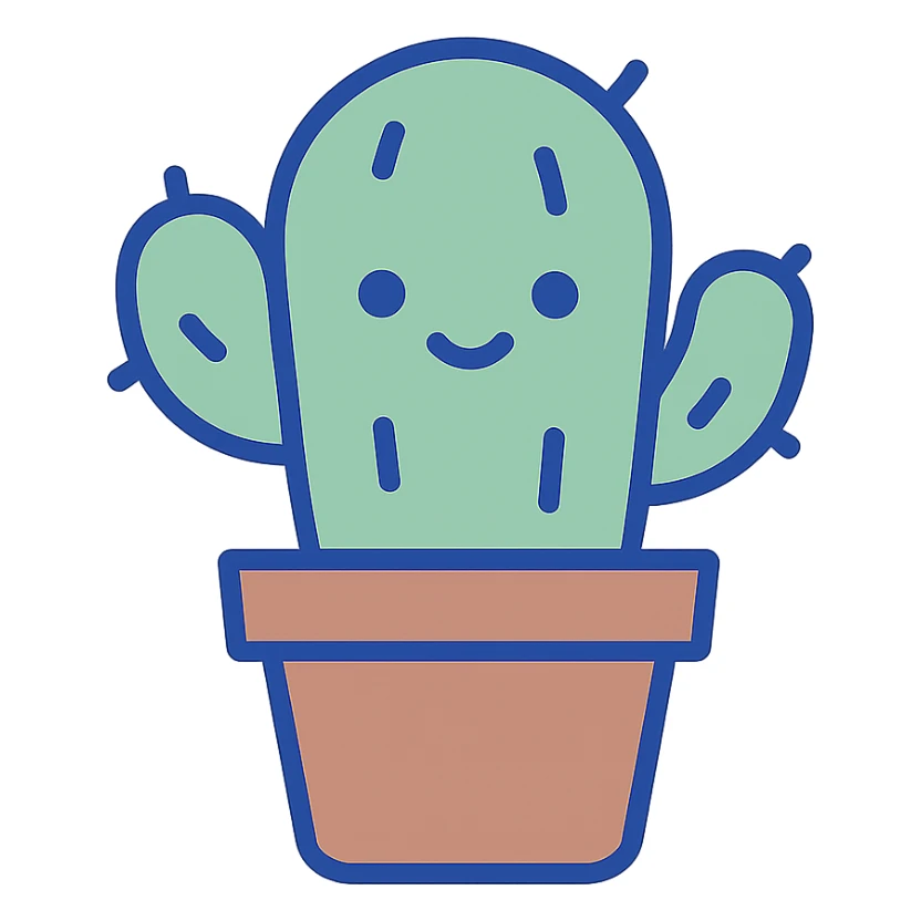 green cactus in a small brown pot with a cute face, clean modern illustration style sticker