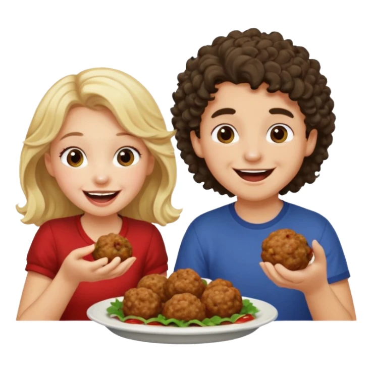 Ragazza bionda leggermente mossa che ride ad un ragazzo con i capelli ricci scuri mentre mangia polpette sticker