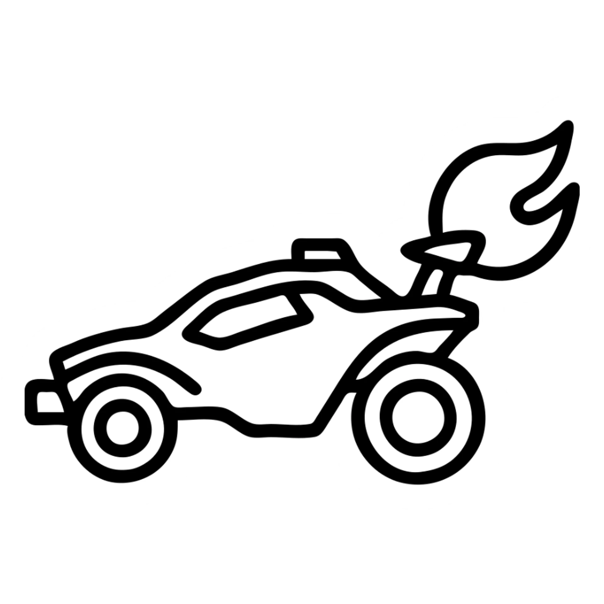 minimalistic Twitch subscriber badge, simplified Octane car silhouette from Rocket League with bold upward boost flames from rear, clean lines, solid shapes, no fine details or gradients, sleek modern style, optimized for small sizes, boost flames vibrant orange and blue with high contrast and thick outline, simplified but instantly recognizable Octane shape sticker