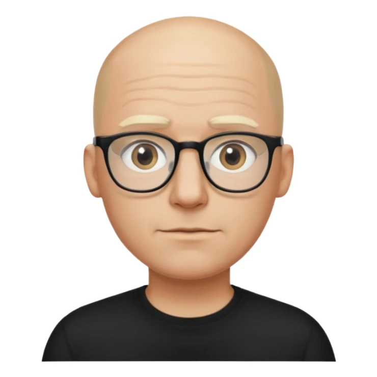 bald blonde man with eyeglasses with black shirt sticker