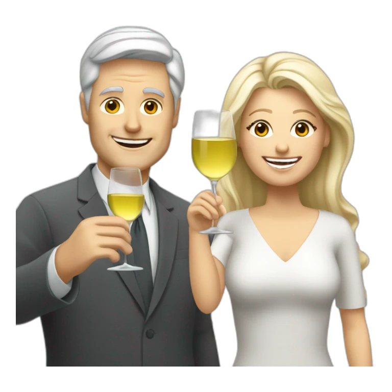 white man with grey hair  and white woman with blond hair toasting with two white wine sticker