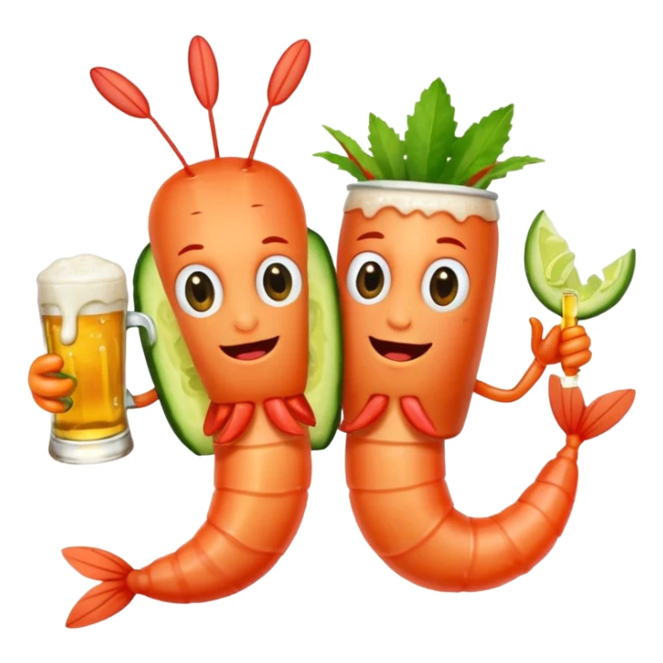 Create a modern emoji-style illustration of two shrimp characters, friendly and cool, slightly cartoon but stylish, not childish.
They are toasting (‘salud’), one shrimp holding a beer mug with aguachile topping, the other holding a fresh aguachile bowl with cucumber and chili.
  sticker