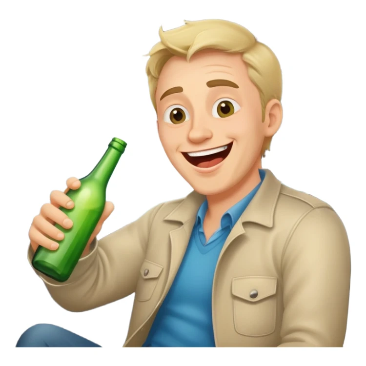 a drunk man holding a bottle fooling around laughing in a car sticker