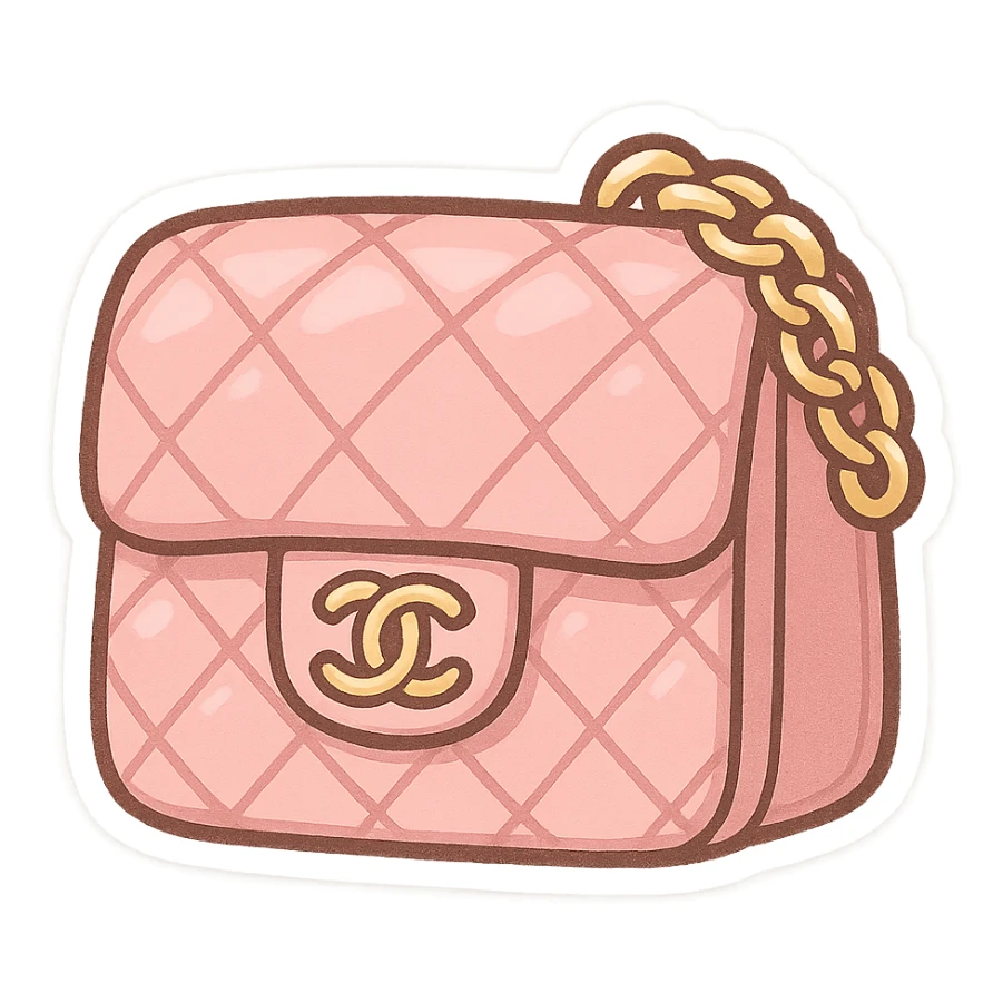 pink Chanel purse with a quilted pattern, cute and exaggerated chibi stickers style sticker