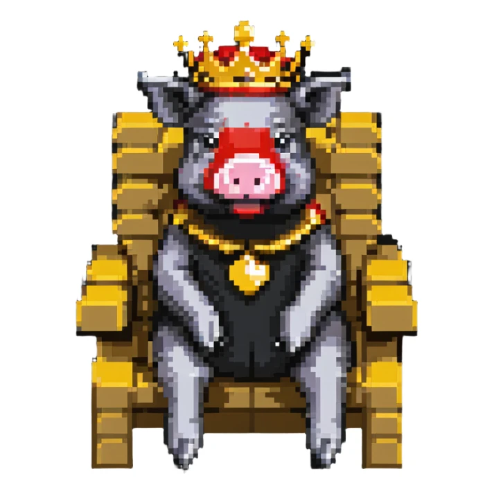 LEGO style pixel art pig with a golden crown sitting on a throne, classic LEGO brick shapes and studs, bright colors, simple and blocky sticker