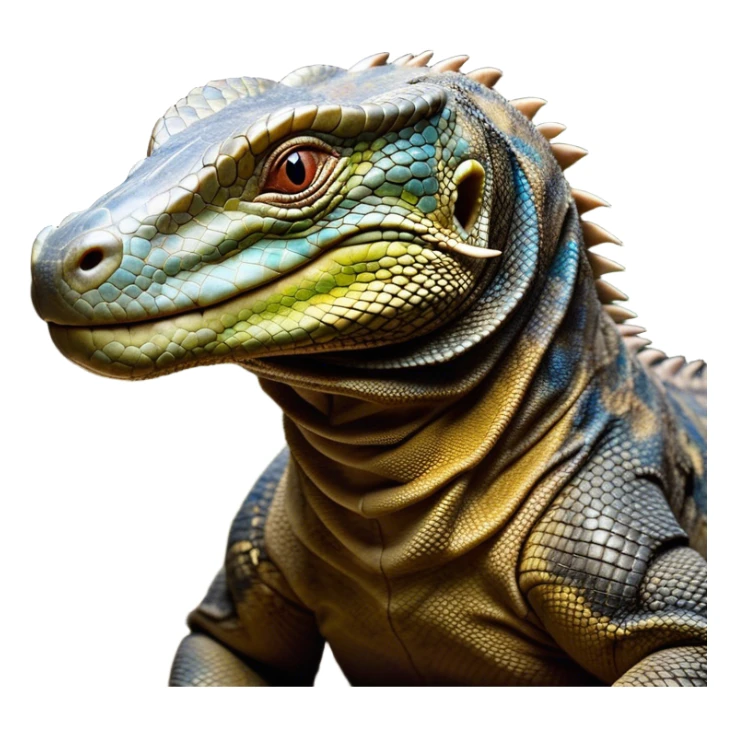 Cinematic Realistic Comical Komodo Dragon Portrait Emoji, Head tilted dramatically with an exaggeratedly amused expression, featuring a striking, glossy scaled hide with bold textures and wide, expressive eyes brimming with playful disbelief, rendered with lifelike detail and natural hues, high shine, dramatic yet playful, styled with an air of cheeky reptilian mischief, soft glowing outline, capturing the essence of a spirited and over‐the‐top Komodo dragon that looks ready to charge its way into viral fame! sticker