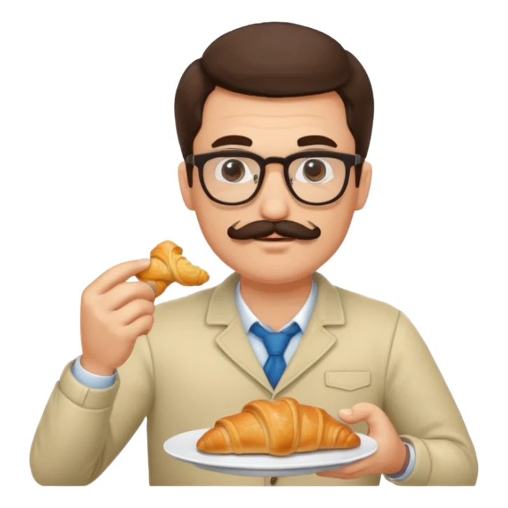 brunette man with glasses and moustache eating croissant sticker