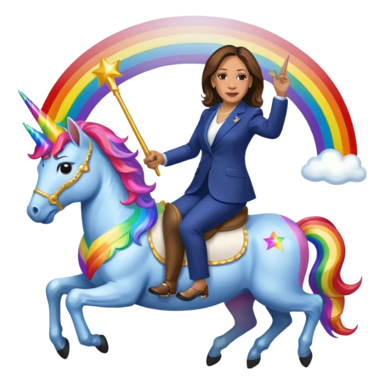 Kamala Harris and donald trump riding a rainbow unicorn sticker