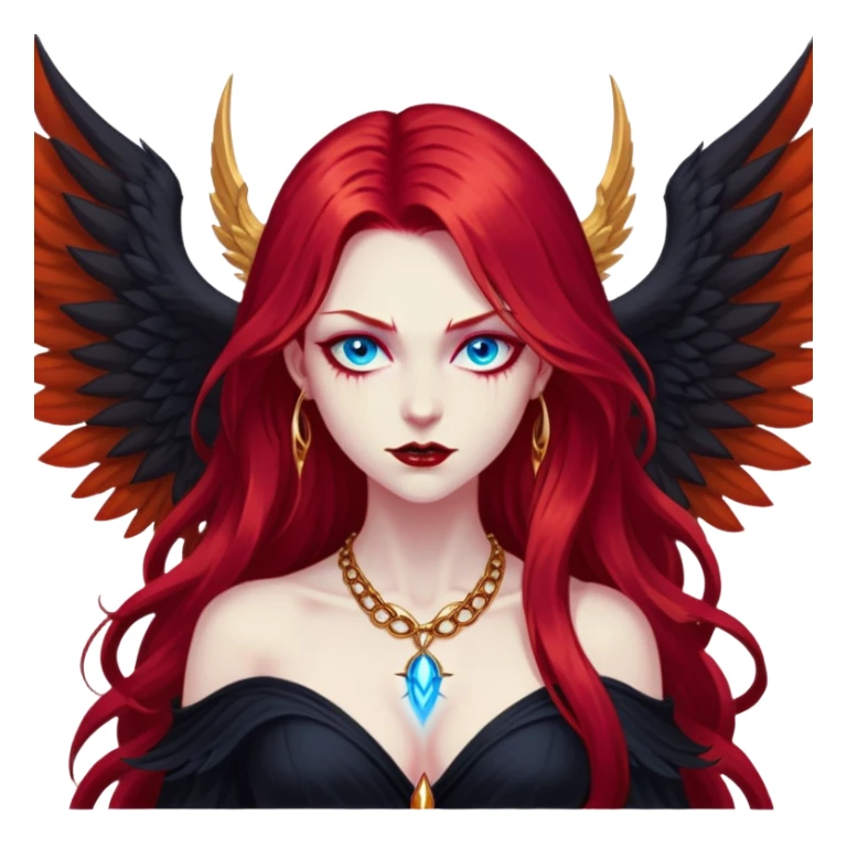 half body portrait of an extremely diabolical girl with massive towering wings, very long flowing blood red hair, glowing blue eyes, black hellfire aura, no horns, evil grin, gold necklace sticker