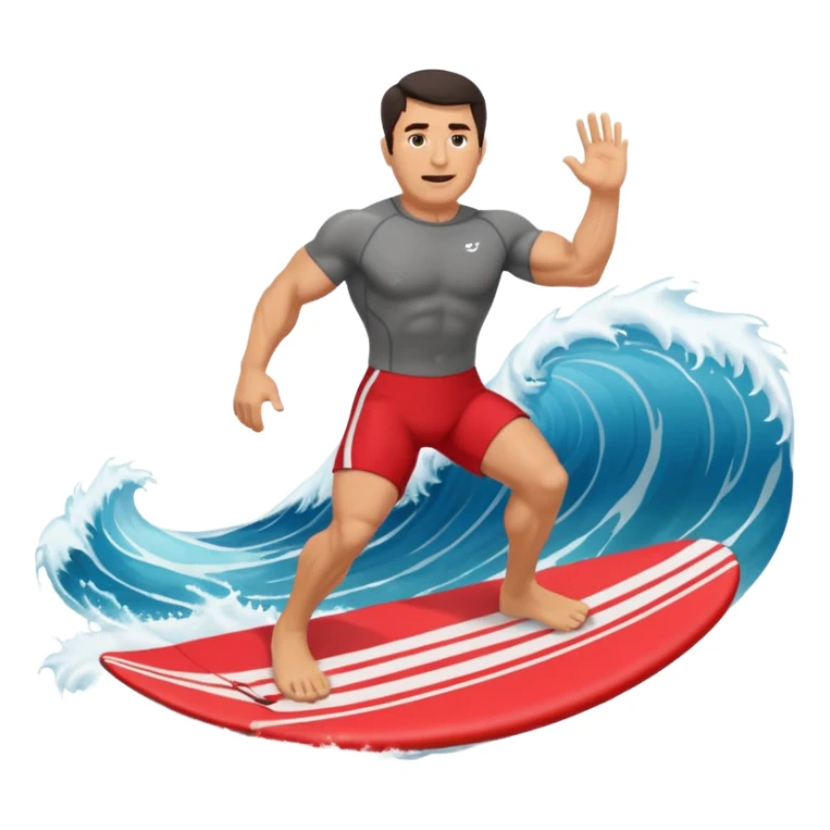 50 year old, muscular, dark haired, tan, red shorts man riding a big wave sticker