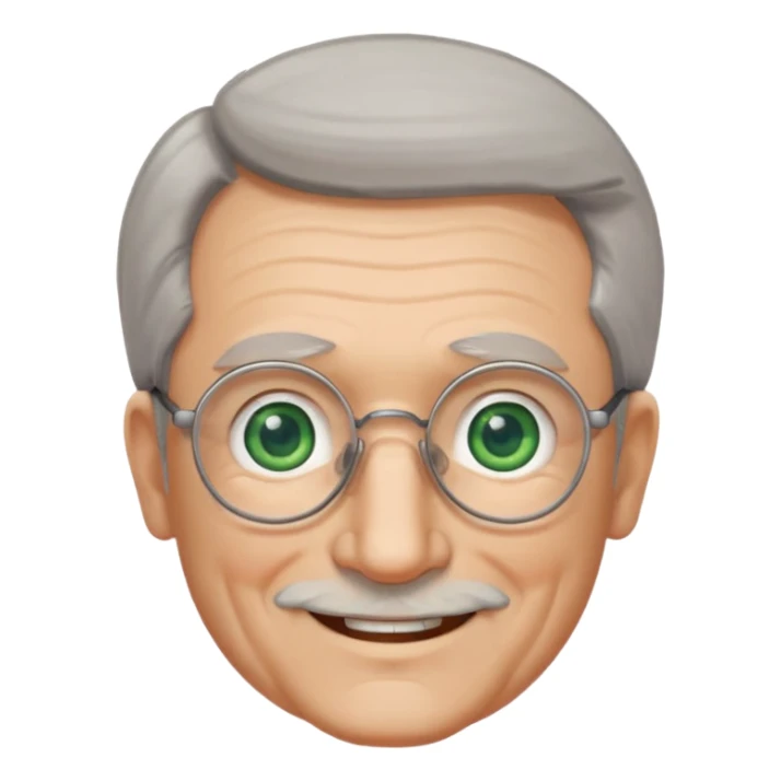 Old man with receding hair, grey hair only on the sides, green eyes, rectangular reading glasses, rounded clear face, with a smile sticker